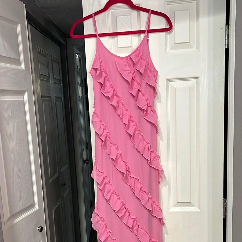 Pink Evening Gown. Ruffles all the way down. Worn once. Spaghetti Straps. Sz.S